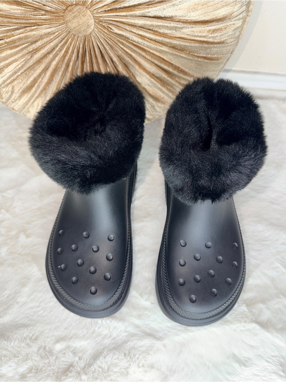 CROCS Black Faux Fur-Lined Clog Mules